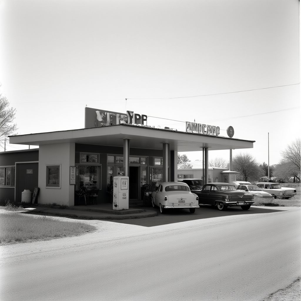 Una estación de servicio YPF de estilo antiguo en una ruta argentina.